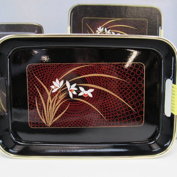 Vintage Asahi Trading Co Inc 3 Pc Nested Lacquerware Tray Set Floral Design - Picture 5 of 10